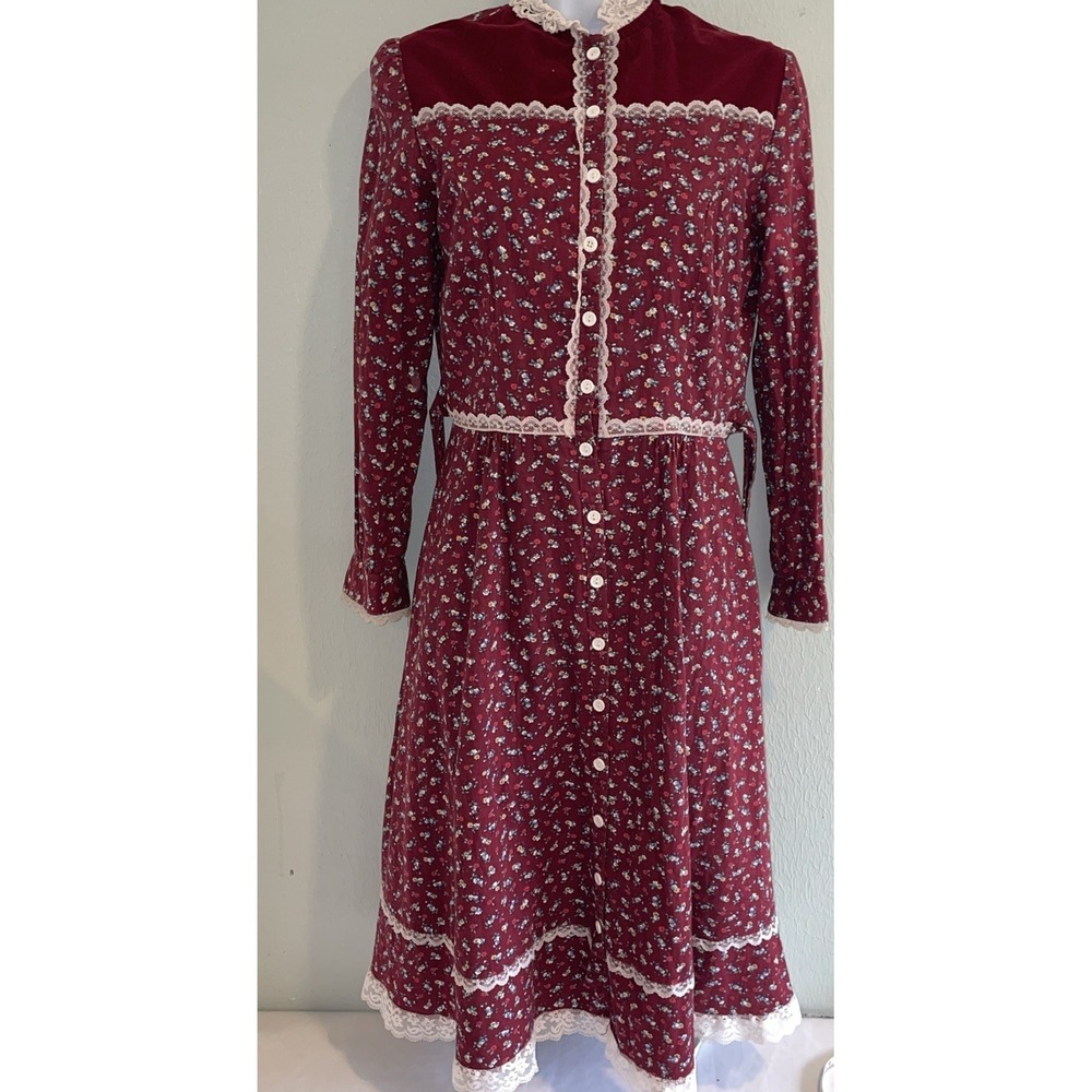 1970s Gunne Sax Prairie Dress Red Calico Floral Long Sleeve Midi Cottage Sz 9/10 - Picture 2 of 11